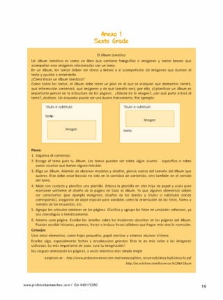 lcne.xo 1
Se.xto Grodo
El álbum temático
Un álbum temático es como un libro que contiene fotografías o imágenes y textos breves que
acompañan esas imágenes relacionadas con un tema.
En un álbum, los textos deben ser claros y breves e ir acompañados de imágenes que ilustren el
texto y ayuden a entenderlo.
¿Cómo hacer un álbum temático?
Como todos los textos, el álbum debe tener un plan en el que se indiquen qué elementos tendrá,
qué información contendrá, qué imágenes y de qué tamaño será; por ello, al planificar un álbum es
importante pensar en la estructura de las páginas. ¿Dónde irá la imagen?, ¿en qué parte estará el
texto?, etcétera. Un esquema puede ser una buena herramienta. Por ejemplo:
Título o subtítulo Título o subtítulo
texto
Imagen
Imagen
texto
Pasos:
l. Organiza el contenido.
2. Escoge el tema para tu álbum. Los temas pueden ser sobre algún asunto específico o sobre
varios asuntos que tienen alguna relación.
3. Elige un álbum. Además de observar modelos y diseños, piensa acerca del tamaño del álbum que
quieres. Este debe estar basado no solo en la cantidad de contenido, sino también en el sentido
del tema.
4. Mide con cuidado y planifica una plantilla. Esboza la plantilla en otra hoja de papel y úsala para
mantener uniforme el diseño de la página en todo el álbum. Ya que algunos elementos deben
ser consistentes (por ejemplo márgenes, diseños de los bordes y títulos o subtítulos donde
corresponda), asegúrate de dejar espacio para variables como la orientación de las fotos, forma y
tamaño de los recuerdos, etc.
S. Agrupa los artículos similares en las páginas. Clasifica y agrupa las fotos en unidades cohesivas, ya
sea cronológica o temáticamente.
6. Adorna cada página. Escribe los detalles sobre los incidentes descritos en las páginas del álbum.
Puedes escribir historias, poemas, frases o incluso frases célebres que hagan más viva la narración.
Consejos
Usar otros elementos, como hojas pequeñas, papel creativo y adornos alusivos al tema.
Escribe algo, especialmente fechas y encabezados grandes. Esto le da más valor a las imágenes
utilizadas. Lo más importante de todo: iusa tu imaginación!
No cargues demasiado las páginas, a veces mientras más simple mejor.
Adaptado de : http://www.profesoresenred.eom.mx/contenido/libro_recursos/b24esq-hz/b24esq-hz.pdf
http://es.wikihow.com/hacer-un-%C3%Alfbum
www.profesorluissanchez.co m / Cel 949176380 1 9
 