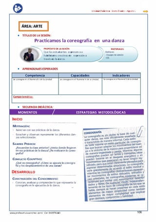 •
�..
ÁREA: ARTE
• TÍTULO DE LASESIÓN:
Practicamos la coreografía
PROPÓSITO DE LASESIÓN:
Que los estudiantes expresen sus
habilidades creativas de expresión a
través de la danza.
• APRENDIZAJES ESPERADOS
Competencia Capacidades
Unidad Didáctica- Sexta Grada -Agosta ;
en una danza
MATERIALES:
Disfraces
- Equipo de sonido
-CD.
Indicadores
Se consigna en el Numeral V de la Unidad Se consigna en el Numeral V de la Unidad SeconslgN en el Nu me ral V de la Unidad
Cam�o temático:
• SECUENCIA DIDÁCTICA:
MOMENTOS ESTRATEGIAS METODOLÓGICAS------------
INICIO
........................................................................................................................
.
MOTIVACIÓN:
Reinician con sus prácticas de la danza.
- Escuchan y observan nuevamente las diferentes dan­
zas seleccionadas.
SABERES PREVIOS:
¿Recuerd�.n I�clase-,anterior?¿HC!Sta d_onde llegaron
en sus practicas de la.danza?'¿Ya realizaron la coreo­
. graña?
CONFUCTO COGNITIVO!
¿Q�é es coreqgrafía7 ¿Cómo se ejecuta la coreogra-·
fía y los desplazamientos de una danza?
DESARROLLO
...................�.............................................................
...�··············-······�············
CoNSTRUcaóN DEL CoNOCJMIENTO:
- Conocen, analizany comprenden loque representa la
coreografía en la ejecuciónde la danza.
-
www.profesorluissanchez.com/ Cel 949176380 06
 