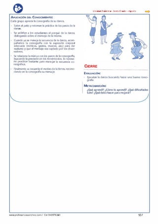 •
�..
APUCAOÓN DEL CONOOMIENTO:
Cada grupo aprecia la coreografía desu danza.
- Salen al patio y retoman la práctica de los pasos de la
danza.
- Se enfa�a a los estudiantes el porqué de la danza,
dialogando sobre el mensaje de la misma.
- Cuando ya se m.aneja la secuencia de la danza, acom­
pañamos la coreografia con la expresión corporal
adecuada (mímicas, gestos, muecas, etc.) para dar
realis.moy que·er men5aJe sea captado por los obser­
vadores.
•
Se relaciona la música con los pasos de la coreograffa,
busca.ndo la p recisiónen los movimientos. Es necesa­
rio practicar bastante para manejar la secuencia co­
reográfica.
- Finalmente se recuerda el motivode ladanza, recono­
ciendo en la coreograffa su mensaje.
www.profesorluissanchez.com I Cel 949176380
Unidad Didáctica- Sexta Grada -Agosta
CIERRE
........................._......................................,.........................................................
EVALUACIÓN:
- Ejecutan la danza buscando hacer una buena coreo­
grafia.
METACOGNICIÓN:
¿Qué aprendí? ¿Cómo lo aprendí? ¿Qué dificultades
tuve? ¿Quédebohacer para mejorar?
107
 