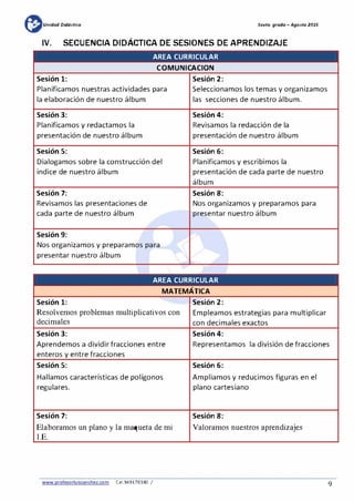 mUnidad Didáctica Sexta grada -Agosta 2015
IV. SECUENCIA DIDÁCTICA DE SESIONES DE APRENDIZAJE
AREA CURRICULAR
COMUNICACION
Sesión 1: Sesión 2:
Planificamos nuestras actividades para Seleccionamos los temas y organizamos
la elaboración de nuestro álbum las secciones de nuestro álbum.
Sesión 3: Sesión 4:
Planificamos y redactamos la Revisamos la redacción de la
presentación de nuestro álbum presentación de nuestro álbum
Sesión 5: Sesión 6:
Dialogamos sobre la construcción del Planificamos y escribimos la
índice de nuestro álbum presentación de cada parte de nuestro
álbum
Sesión 7: Sesión 8:
Revisamos las presentaciones de Nos organizamos y preparamos para
cada parte de nuestro álbum presentar nuestro álbum
Sesión 9:
Nos organizamos y preparamos para
presentar nuestro álbum
AREA CURRICULAR
,
MATEMATICA
Sesión 1: Sesión 2:
Resolvemos problemas multiplicativos con Empleamos estrategias para multiplicar
decimales con decimales exactos
Sesión 3: Sesión 4:
Aprendemos a dividir fracciones entre Representamos la división de fracciones
enteros y entre fracciones
Sesión 5:
Hallamos características de polígonos
regulares.
Sesión 7:
Elaboramos un plano y la maqueta de mi
I.E.
www.profesorluissanchez.com Cel.949176380 /
Sesión 6:
Ampliamos y reducimos figuras en el
plano cartesiano
Sesión 8:
Valoramos nuestros aprendizajes
9
 