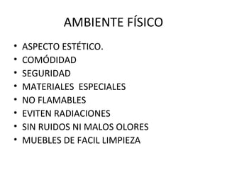 AMBIENTE FÍSICO
•
•
•
•
•
•
•
•

ASPECTO ESTÉTICO.
COMÓDIDAD
SEGURIDAD
MATERIALES ESPECIALES
NO FLAMABLES
EVITEN RADIACIONES
SIN RUIDOS NI MALOS OLORES
MUEBLES DE FACIL LIMPIEZA

 
