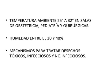 • TEMPERATURA AMBIENTE 25° A 32° EN SALAS
DE OBSTETRICIA, PEDIATRÍA Y QUIRÚRGICAS.
• HUMEDAD ENTRE EL 30 Y 40%
• MECANISMOS PARA TRATAR DESECHOS
TÓXICOS, INFECCIOSOS Y NO INFECCIOSOS.

 