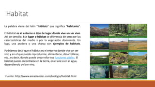 Habitat
La palabra viene del latín "hábitats" que significa "habitante".
El hábitat es el entorno o tipo de lugar donde vive un ser vivo.
Así de sencillo. Ese lugar o hábitat se diferencia de otro por las
características del medio y por la vegetación dominante. Un
lago, una pradera o una charca son ejemplos de habitats.
Podríamos decir que el hábitat es el entorno donde vive un ser
vivo y en el que puede reproducirse, alimentarse, desarrollarse,
etc., es decir, donde puede desarrollar sus funciones vitales. El
hábitat puede encontrarse en la tierra, en el aire o en el agua,
dependiendo del ser vivo.
Fuente: http://www.areaciencias.com/biologia/habitat.html
 