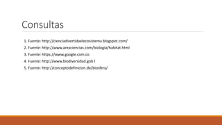 Consultas
1. Fuente: http://cienciadivertidaelecosistema.blogspot.com/
2. Fuente: http://www.areaciencias.com/biologia/habitat.html
3. Fuente: https://www.google.com.co
4. Fuente: http://www.biodiversidad.gob l
5. Fuente: http://conceptodefinicion.de/biosfera/
 