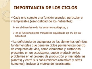 IMPORTANCIA DE LOS CICLOS

Cada uno cumple una función esencial, particular e
irremplazable (esencialidad de los nutrientes):
  en el dinamismo de los entornos ecológicos, y
  en el funcionamiento metabólico equilibrado en c/u de los
  individuos

La deficiencia de cualquiera de los elementos químicos
fundamentales que generan ciclos permanentes dentro
de conjuntos de vida, como elementos y sustancias
presentes en un ecosistema, puede producir serios
problemas en el proceso de producción primaria(de las
plantas) y entre sus consumidores (animales y seres
humanos), incluso la muerte del ecosistema.
 