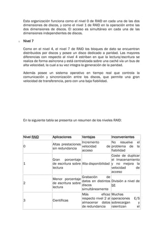 Esta organización funciona como el nivel 0 de RAID en cada una de las dos
dimensiones de discos, y como el nivel 1 de RAID en la operación entre las
dos dimensiones de discos. El acceso es simultáneo en cada una de las
dimensiones independientes de discos.
o Nivel 7
Como en el nivel 4, el nivel 7 de RAID los bloques de dato se encuentran
distribuidos por discos y posee un disco dedicado a paridad. Las mayores
diferencias con respecto al nivel 4 estriban en que la lectura/escritura se
realiza de forma asíncrona y está centralizada sobre una caché vía un bus de
alta velocidad, la cual a su vez integra la generación de la paridad.
Además posee un sistema operativo en tiempo real que controla la
comunicación y sincronización entre los discos, que permite una gran
velocidad de transferencia, pero con una baja fiabilidad.
En la siguiente tabla se presenta un resumen de los niveles RAID:
Nivel RAID Aplicaciones Ventajas Inconvenientes
0
Altas prestaciones
sin redundancia
Incremento
velocidad de
acceso
No resuelve el
problema de la
fiabilidad
1
Gran porcentaje
de escritura sobre
lectura
Alta disponibilidad
Coste de duplicar
el lmacenamiento
y no mejora la
velocidad de
acceso
2
Menor porcentaje
de escritura sobre
lectura
Grabación de
datos en distintos
discos
simultáneamente
División a nivel de
bit
3 Científicas
Más eficaz
respecto nivel 2 al
almacenar datos
de redundancia
Muchas
operaciones E/S
sobrecargan y
ralentizan el
 