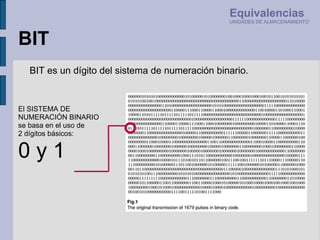 BIT es un dígito del sistema de numeración binario. El SISTEMA DE NUMERACIÓN BINARIO se basa en el uso de 2 dígitos básicos: 0 y 1 Equivalencias UNIDADES DE ALMACENAMIENTO BIT 