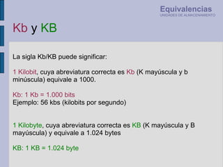 La sigla Kb/KB puede significar: 1 Kilobit , cuya abreviatura correcta es  Kb  (K mayúscula y b minúscula) equivale a 1000. Kb: 1 Kb = 1.000 bits Ejemplo: 56 kbs (kilobits por segundo) 1 Kilobyte , cuya abreviatura correcta es  KB  (K mayúscula y B mayúscula) y equivale a 1.024 bytes  KB: 1 KB = 1.024 byte  Equivalencias UNIDADES DE ALMACENAMIENTO Kb  y  KB 