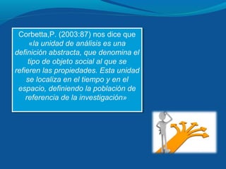 Corbetta,P. (2003:87) nos dice que
«la unidad de análisis es una
definición abstracta, que denomina el
tipo de objeto social al que se
refieren las propiedades. Esta unidad
se localiza en el tiempo y en el
espacio, definiendo la población de
referencia de la investigación»
Corbetta,P. (2003:87) nos dice que
«la unidad de análisis es una
definición abstracta, que denomina el
tipo de objeto social al que se
refieren las propiedades. Esta unidad
se localiza en el tiempo y en el
espacio, definiendo la población de
referencia de la investigación»
 