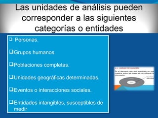  Personas.
Grupos humanos.
Poblaciones completas.
Unidades geográficas determinadas.
Eventos o interacciones sociales.
Entidades intangibles, susceptibles de
medir
 Personas.
Grupos humanos.
Poblaciones completas.
Unidades geográficas determinadas.
Eventos o interacciones sociales.
Entidades intangibles, susceptibles de
medir
 