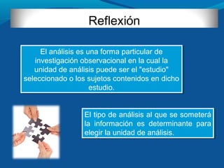 El tipo de análisis al que se someterá
la información es determinante para
elegir la unidad de análisis.
El tipo de análisis al que se someterá
la información es determinante para
elegir la unidad de análisis.
El análisis es una forma particular de
investigación observacional en la cual la
unidad de análisis puede ser el "estudio"
seleccionado o los sujetos contenidos en dicho
estudio.
El análisis es una forma particular de
investigación observacional en la cual la
unidad de análisis puede ser el "estudio"
seleccionado o los sujetos contenidos en dicho
estudio.
 