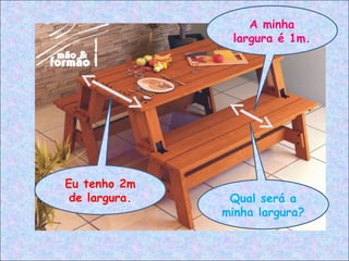 Eu tenho 2m
de largura. Qual será a
minha largura?
A minha
largura é 1m.
 