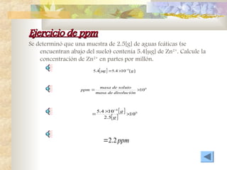 Ejercicio de ppm
Ejercicio de ppm
Se determinó que una muestra de 2.5[g] de aguas feáticas (se
encuentran abajo del suelo) contenía 5.4[g] de Zn2+
. Calcule la
concentración de Zn2+
en partes por millón.
  ]
[
10
4
.
5
4
.
5 6
g
g 



6
10


disolución
de
masa
soluto
de
masa
ppm
 
 
6
6
10
5
.
2
10
4
.
5




g
g
ppm
2
.
2

 