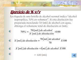 Ejercicio de % v/v
Ejercicio de % v/v
La etiqueta de una botella de alcohol normal indica “alcohol
isopropílico, 70% en volumen”. Si esta disolución fue
preparada mezclando 70 [mL] de alcohol con agua,
obtenga el volumene total de disolución en [mL].
100
]
[
]
[
70
%
70 

disolución
de
mL
X
alcohol
de
mL
  100
70
70
]
[ X
alcohol
de
mL
disolución
de
mL
X 
= 100 [mL]
  100
1
]
[ X
alcohol
de
mL
disolución
de
mL
X 
 