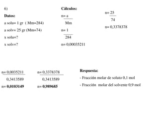 6)
Datos:
a solu= 1 gr ( Mm=284)
a solv= 25 gr (Mm=74)
x solu=?
x solv=?
Cálculos:
n= a
Mm
n= 1
284
n= 0,00035211
n= 25
74
n= 0,3378378
n= 0,0035211
0,3413589
n= 0,0103149
n= 0,3378378
0,3413589
n= 0,989685
Respuesta:
- Fracción molar de soluto 0,1 mol
- Fracción molar del solvente 0,9 mol
 