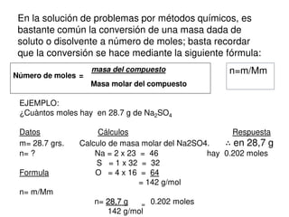 En la solución de problemas por métodos químicos, es
bastante común la conversión de una masa dada de
soluto o disolvente a número de moles; basta recordar
que la conversión se hace mediante la siguiente fórmula:
Número de moles =
masa del compuesto
Masa molar del compuesto
EJEMPLO:
¿Cuàntos moles hay en 28.7 g de Na2SO4
Datos Cálculos Respuesta
m= 28.7 grs. Calculo de masa molar del Na2SO4. ∴ en 28,7 g
n= ? Na = 2 x 23 = 46 hay 0.202 moles
S = 1 x 32 = 32
Formula O = 4 x 16 = 64
= 142 g/mol
n= m/Mm
n= 28,7 g = 0.202 moles
142 g/mol
n=m/Mm
 
