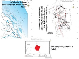 APA Recife de Corais
(Maxaranguape, Rio do Fogo e
Touros)
APA
Bonfim/Guaraíra
(Arês,
Goianinha,
Nísia
Floresta,
São
Jose
de
Mipibu,
Senador
Georgino
Avelino
e
Tibau
do
Sul) APA Genipabu (Extremoz e
Natal)
 
