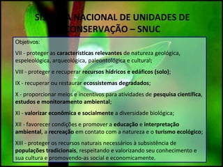 SISTEMA NACIONAL DE UNIDADES DE
CONSERVAÇÃO – SNUC
Objetivos:
VII - proteger as características relevantes de natureza geológica,
espeleológica, arqueológica, paleontológica e cultural;
VIII - proteger e recuperar recursos hídricos e edáficos (solo);
IX - recuperar ou restaurar ecossistemas degradados;
X - proporcionar meios e incentivos para atividades de pesquisa científica,
estudos e monitoramento ambiental;
XI - valorizar econômica e socialmente a diversidade biológica;
XII - favorecer condições e promover a educação e interpretação
ambiental, a recreação em contato com a natureza e o turismo ecológico;
XIII - proteger os recursos naturais necessários à subsistência de
populações tradicionais, respeitando e valorizando seu conhecimento e
sua cultura e promovendo-as social e economicamente.
 