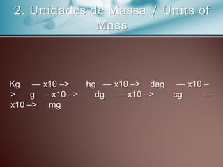 2. Unidades de Massa / Units of
Mass
Kg — x10 –> hg — x10 –> dag — x10 –
> g – x10 –> dg — x10 –> cg —
x10 –> mg
 