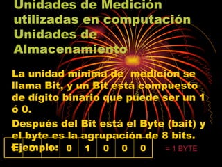 Unidades de Medición utilizadas en computación Unidades de Almacenamiento La unidad mínima de  medición se llama Bit, y un Bit está compuesto de dígito binario que puede ser un 1 ó 0. Después del Bit está el Byte (bait) y el byte es la agrupación de 8 bits. Ejemplo: = 1 BYTE 0 0 0 1 0 1 0 1 