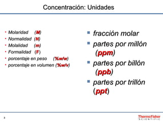 3
Concentración: UnidadesConcentración: Unidades
• Molaridad (Molaridad (MM))
• Normalidad (Normalidad (NN))
• Molalidad (...
