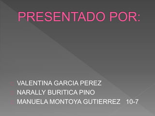 VALENTINA GARCIA PEREZ
NARALLY BURITICA PINO
MANUELA MONTOYA GUTIERREZ 10-7
 