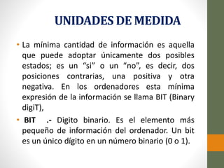 UNIDADES DE MEDIDA
• La mínima cantidad de información es aquella
que puede adoptar únicamente dos posibles
estados; es un...
