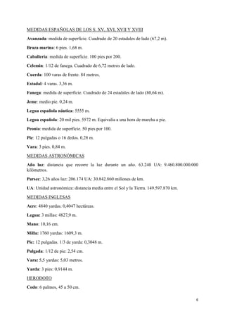 MEDIDAS ESPAÑOLAS DE LOS S. XV, XVI, XVII Y XVIII
Avanzada: medida de superficie. Cuadrado de 20 estadales de lado (67,2 m).
Braza marina: 6 pies. 1,68 m.
Caballería: medida de superficie. 100 pies por 200.
Celemin: 1/12 de fanega. Cuadrado de 6,72 metros de lado.
Cuerda: 100 varas de frente. 84 metros.
Estadal: 4 varas. 3,36 m.
Fanega: medida de superficie. Cuadrado de 24 estadales de lado (80,64 m).
Jeme: medio pie. 0,24 m.
Legua española náutica: 5555 m.
Legua española: 20 mil pies. 5572 m. Equivalía a una hora de marcha a pie.
Peonia: medida de superficie. 50 pies por 100.
Pie: 12 pulgadas o 16 dedos. 0,28 m.
Vara: 3 pies. 0,84 m.
MEDIDAS ASTRONÓMICAS
Año luz: distancia que recorre la luz durante un año. 63.240 UA: 9.460.800.000.000
kilómetros.
Parsec: 3,26 años luz: 206.174 UA: 30.842.860 millones de km.
UA: Unidad astronómica: distancia media entre el Sol y la Tierra. 149.597.870 km.
MEDIDAS INGLESAS
Acre: 4840 yardas. 0,4047 hectáreas.
Legua: 3 millas: 4827,9 m.
Mano: 10,16 cm.
Milla: 1760 yardas: 1609,3 m.
Pie: 12 pulgadas. 1/3 de yarda: 0,3048 m.
Pulgada: 1/12 de pie: 2,54 cm.
Vara: 5,5 yardas: 5,03 metros.
Yarda: 3 pies: 0,9144 m.
HERODOTO
Codo: 6 palmos, 45 a 50 cm.
6

 