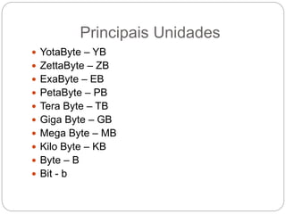 Principais Unidades
 YotaByte – YB
 ZettaByte – ZB
 ExaByte – EB
 PetaByte – PB
 Tera Byte – TB
 Giga Byte – GB
 Mega Byte – MB
 Kilo Byte – KB
 Byte – B
 Bit - b
 