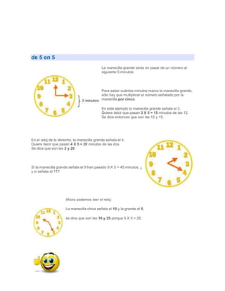 de 5 en 5
                                            La manecilla grande tarda en pasar de un número al
                                            siguiente 5 minutos:




                                            Para saber cuántos minutos marca la manecilla grande,
                                            sólo hay que multiplicar el número señalado por la
                                            manecilla por cinco.

                                            En este ejemplo la manecilla grande señala el 3.
                                            Quiere decir que pasan 3 X 5 = 15 minutos de las 12.
                                            Se dice entonces que son las 12 y 15.




En el reloj de la derecha, la manecilla grande señala el 4.
Quiere decir que pasan 4 X 5 = 20 minutos de las dos.
Se dice que son las 2 y 20




Si la manecilla grande señala el 9 han pasado 9 X 5 = 45 minutos, ¿
y si señala el 11?




                     Ahora podemos leer el reloj:

                     La manecilla chica señala el 10 y la grande el 5,

                     se dice que son las 10 y 25 porque 5 X 5 = 25.
 