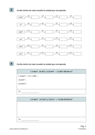 3        Escribe dentro de cada recuadro la unidad que corresponda.


                       x 106              : 103               x 106               : 103
            mam3


                       : 106              x 109               : 103              x 109
              m3


                       x 109              : 106               : 109              x 106
             dam3


                       : 106              : 106               x 109              : 1012
             cm3


                       x 106              : 103               : 109              x 1012
             hm3


                       : 103              x 1012              : 106              x 1012
             km3




 4        Escribe dentro de cada recuadro la unidad que corresponda.



                               1,3 dam3, 36 dm3 y 12,8 hm3        12.801.300,036 m3

            1,3 dam3 = 1,3 x 1 000 =

            36 dm3 =

            12,8 hm3 =



            Es



                               2,4 dam3, 14,2 km3 y 12,8 m3           14.200,40128 hm3




            Es



                                                                                              Pág. 3
www.indexnet.santillana.es                                                                © Santillana
 