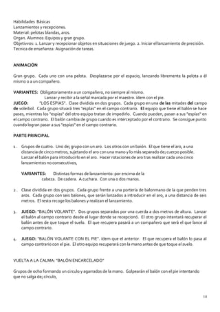 Habilidades Básicas
Lanzamientos y recepciones.
Material: pelotas blandas, aros.
Organ. Alumnos: Equipos y gran grupo.
Objetivvos: 1. Lanzar y recepcionar objetos en situaciones de juego. 2. Iniciar el lanzamiento de precisión.
Tecnica de enseñanza: Asignación de tareas.
ANIMACIÓN
Gran grupo. Cada uno con una pelota. Desplazarse por el espacio, lanzando libremente la pelota a él
mismo o a un compañero.
VARIANTES: Obligatoriamente a un compañero, no siempre al mismo.
Lanzar y recibir a la señal marcada por el maestro. ídem con el pie.
JUEGO: "LOS ESPIAS". Clase dividida en dos grupos. Cada grupo en una de las mitades del campo
de voleibol. Cada grupo situará tres "esplas" en el campo contrario. El equipo que tiene el balón se hace
pases, mientras los "espías" del otro equipo tratan de impedirlo. Cuando pueden, pasan a sus "espías" en
el campo contrario. El balón cambia de grupo cuando es interceptado por el contrario. Se consigue punto
cuando logran pasar a sus "espías" en el campo contrario.
PARTE PRINCIPAL
1 . Grupos de cuatro. Uno de¡ grupo con un aro. Los otros con un baión. El que tiene el aro, a una
distancia de cinco metros, sujetando el aro con una mano y lo más separado de¡ cuerpo posible.
Lanzar el balón para introducirlo en el aro. Hacer rotaciones de aro tras realizar cada uno cinco
lanzamientos no consecutivos,
VARIANTES: Distintas formas de lanzamiento: por encima de la
cabeza. De cadera. A cuchara. Con una o dos manos.
2 . Clase dividida en dos grupos. Cada grupo frente a una portería de balonmano de la que penden tres
aros. Cada grupo con seis balones, que serán lanzados a introducir en el aro, a una distancia de seis
metros. El resto recoge los balones y realizan el lanzamiento.
3. JUEGO: "BALÓN VOLANTE". Dos grupos separados por una cuerda a dos metros de altura. Lanzar
el balón al campo contrario desde el lugar donde se recepcionó. El otro grupo intentará recuperar el
balón antes de que toque el suelo. El que recupera pasará a un compañero que será el que lance al
campo contrario.
4. JUEGO: "BALÓN VOLANTE CON EL PIE". ídem que el anterior. El que recupera el balón lo pasa al
campo contrario con el pie. El otro equipo recuperará con la mano antes de que toque el suelo.
VUELTA A LA CALMA: "BALÓN ENCARCELADO"
Grupos de ocho formando un circulo y agarrados de la mano. Golpearán el balón con el pie intentando
que no salga de¡ círculo,
14
 