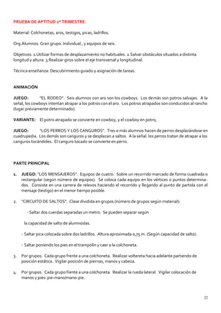 PRUEBA DE APTITUD 2º TRIMESTRE.
Material: Colchonetas, aros, testigos, picas, ladrillos.
Org.Alumnos. Gran grupo. Individual , y equipos de seis.
Objetivos: 1.Utilizar formas de desplazamiento no habituales. 2.Salvar obstáculos situados a distinta
longitud y altura. 3.Realizar giros sobre el eje transversal y longitudinal.
Técnica enseñanza: Descubrimiento guiado y asignación de tareas.
ANIMACIÓN
JUEGO: "EL RODEO". Seis alumnos con aro son los cowboys. Los demás son potros salvajes. A la
señal, los cowboys intentan atrapar a los potros con el aro. Los potros atrapados son conducidos al rancho
(lugar previamente determinado).
VARIANTE: El potro atrapado se convierte en cowboy, y el cowboy en potro,
JUEGO: "LOS PERROS Y LOS CANGUROS". Tres o más alumnos hacen de perros desplazándose en
cuadrupedia. Los demás son canguros y se desplazan a saltos. A la señal. los perros tratan de atrapar a los
canguros tocándoles. El canguro tocado se convierte en perro.
PARTE PRINCIPAL
1. JUEGO: "LOS MENSAJEROS". Equipos de cuatro. Sobre un recorrido marcado de forma cuadrada 0
rectangular (según número de equipos). Se coloca cada equipo en los vértices o puntos determina-
dos. Consiste en una carrera de relevos haciendo el recorrido y llegando al punto de partida con el
mensaje (testigo) en el menor tiempo posible.
2. "CIRCUITO DE SALTOS". Clase dividida en grupos (número de grupos según material):
- Saltar dos cuerdas separadas un metro. Se pueden separar según
la capacidad de salto de alumnoslas.
- Saltar pica colocada sobre dos ladrillos. Altura aproximada 0,75 m. (Según capacidad de salto).
- Saltar poniendo los pies en el trampolín y caer a la colchoneta.
3. Por grupos. Cada grupo frente a una colchoneta. Realizar voltereta hacia adelante partiendo de
posición estática. Vigilar posición de piernas, manos y cabeza.
4. Por grupos. Cada grupo frente a una colchoneta. Realizar la rueda lateral. Vigilar colocación de
manos y pies: pie-mano/mano-pie.
22
 