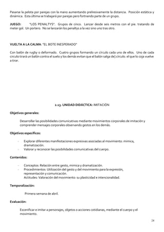 Pasarse la pelota por parejas con la mano aumentando prelresivamente la distancia. Posición estática y
dinámica. Esta última se trabajará por parejas pero fortnando parte de un grupo.
JUEGO: "LOS PENALTYS". Grupos de cinco. Lanzar desde seis metros con el pie. tratando de
meter gol. Un portero. No se lanzarán los penaltys a la vez sino uno tras otro.
VUELTA A LA CALMA: "EL BOTE INESPERADO"
Con balón de rugby o deformado. Cuatro grupos formando un círculo cada uno de ellos. Uno de cada
circulo tirará un balón contra el suelo y los demás evitan que el balón salga de] círculo. el que lo coja vuelve
a tirar.
2.13. UNIDAD DIDÁCTICA: IMITACIÓN
Objetivos generales:
Desarrollar las posibilidades comunicativas mediante movimientos corporales de imitación y
comprender mensajes corporales observando gestos en los demás.
Objetivos específicos:
· Explorar diferentes manifestaciones expresivas asociadas al movimiento: mimica,
dramatización.
· Valorar y reconocer las posibilidades comunicativas del cuerpo.
Contenidos:
· Conceptos: Relación entre gesto, mimica y dramatización.
· Procedimientos: Utilización del gesto y del movimiento para la expresión,
representación y comunicación.
Actitudes: Valoración del movimiento: su plasticidad e intencionalidad.
Temporalización:
Primera semana de abril.
Evaluación:
Escenificar e imitar a personajes, objetos o acciones cotidianas, mediante el cuerpo y el
movimiento.
24
 