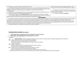 aprendizajes son los que debe conseguir el alumno al finalizar la U.D.
Los indicadores de evaluación constan de dos partes: un enunciado, en el que se establece el tipo de aprendizaje y
el grado en que debe ser alcanzado. De esta forma, la evaluación es la contrastación de resultados en función de unos
indicadores prestablecidos. Solo cuando se da una comparación es cuando se evalúa, pues permite la
retroalimentación.
La finalidad no es la de cuánto sabe el alumno, sino la de en qué grado ha alcanzado los objetivos didácticos (ha
desarrollado las competencias referidas por los objetivos didácticos).
Los indicadores de evaluación son indicadores de logro y se refieren a los objetivos y no tanto a los contenidos
En su formulación original (criterios de evaluación de los Decretos) recogen elementos de distintas competencias
básicas por lo que nos informan sobre los procesos de adquisición y desarrollo de las mismas.

desarrollar a través del currículo. Competencia básica es: saber
(conocimientos) saber hacer (procedimientos) saber ser (actitudes) 5
La competencia la demuestra el alumnado cuando es capaz de
actuar, de resolver, de producir o de transformar la realidad a través
de las tareas que se le proponen
 Contenido + tarea genera competencia

CONTENIDOS
Este elemento comprende los contenidos concretos que van a ser objeto de aprendizaje, tienen, por lo general, un carácter interdisciplinar, derivado de su propia naturaleza referida a
las competencias a la que están asociados. En su selección se cuidará que exista equilibrio entre ellos. Los contenidos se presentan agrupados en bloques diferenciados entre sí e
implícitamente organizados, [saber (conocimientos) saber hacer (procedimientos) saber ser o estar (actitudes)]. Junto con los contenidos básicos de la Unidad, pueden incorporarse otros
que respondan a la diversidad del alumnado, es decir, de profundización o ampliación, (ej: previsión de actividades para alumnos de progreso rápido o lento, secuenciación de una misma
actividad o eliminación de parte/es para alumnos con dificultades, indicaciones de adaptaciones (ej: resolver oralmente ) …..
Los objetivos didácticos y los contenidos son elementos estrechamente relacionados.

CRITERIOS PARA VALORAR este apartado
•
•
5

Están establecidos los aspectos que se van a trabajar de cada competencia
OBJETIVOS - INDICADORES DE EVALUACIÓN tienen relación
EJEMPLO

COMPETENCIASAuIP: . Adquirir estrategias para organizar de forma autónoma: el lugar de estudio, el tiempo de trabajo personal y el material de uso
AApr: . Adquirir/mantener una actitud activa y positiva hacia el aprendizaje
. Autoevaluarse, reconocer los errores, aceptarlos y aprender de ellos
. Conocer y aplicar técnicas de estudio básicas: resumen, esquemas, mapas conceptuales
. Desarrollar la memoria
Com: . Aprender a coger apuntes
. Expresarse, por escrito, de forma clara, ordenada y coherente: apuntes, exámenes,…
. Aprender a utilizar el vocabulario específico de las áreas
Emo: . Conocerse a sí mismo: capacidades y limitaciones relacionadas con el estudio
. Valorar, de forma realista, los resultados desde el esfuerzo realizado
. Adquirir estrategias de autocontrol de la ansiedad ante situaciones de estrés: estudio, exámenes,….
. Aprender a asumir la frustración y reaccionar de forma positiva ante ella, trazando planes y emprendiendo soluciones ante las dificultades

 