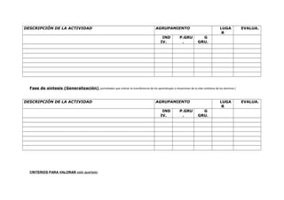 DESCRIPCIÓN DE LA ACTIVIDAD

AGRUPAMIENTO
IND
IV.

P.GRU
.

LUGA
R

EVALUA.

G
GRU.

Fase de síntesis (Generalización) (actividades que indican la transferencia de los aprendizajes a situaciones de la vida cotidiana de los alumnos )
DESCRIPCIÓN DE LA ACTIVIDAD

AGRUPAMIENTO
IND
IV.

CRITERIOS PARA VALORAR este apartado

P.GRU
.

LUGA
R
G
GRU.

EVALUA.

 