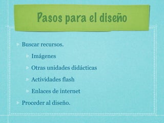 Pasos para el diseño

Buscar recursos.

   Imágenes

   Otras unidades didácticas

   Actividades flash

   Enlaces de internet

Proceder al diseño.
 