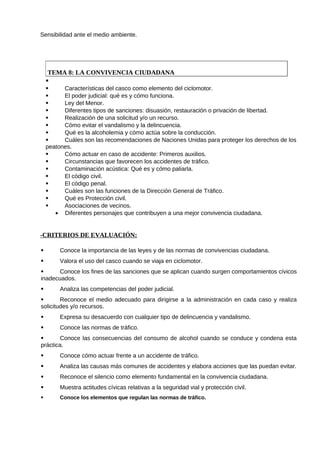 Sensibilidad ante el medio ambiente.




     TEMA 8: LA CONVIVENCIA CIUDADANA
    
         Características del casco como elemento del ciclomotor.
         El poder judicial: qué es y cómo funciona.
         Ley del Menor.
         Diferentes tipos de sanciones: disuasión, restauración o privación de libertad.
         Realización de una solicitud y/o un recurso.
         Cómo evitar el vandalismo y la delincuencia.
         Qué es la alcoholemia y cómo actúa sobre la conducción.
         Cuáles son las recomendaciones de Naciones Unidas para proteger los derechos de los
    peatones.
         Cómo actuar en caso de accidente: Primeros auxilios.
         Circunstancias que favorecen los accidentes de tráfico.
         Contaminación acústica: Qué es y cómo paliarla.
         El código civil.
         El código penal.
         Cuáles son las funciones de la Dirección General de Tráfico.
         Qué es Protección civil.
         Asociaciones de vecinos.
       • Diferentes personajes que contribuyen a una mejor convivencia ciudadana.


-CRITERIOS DE EVALUACIÓN:

        Conoce la importancia de las leyes y de las normas de convivencias ciudadana.
        Valora el uso del casco cuando se viaja en ciclomotor.
      Conoce los fines de las sanciones que se aplican cuando surgen comportamientos cívicos
inadecuados.
        Analiza las competencias del poder judicial.
       Reconoce el medio adecuado para dirigirse a la administración en cada caso y realiza
solicitudes y/o recursos.
        Expresa su desacuerdo con cualquier tipo de delincuencia y vandalismo.
        Conoce las normas de tráfico.
       Conoce las consecuencias del consumo de alcohol cuando se conduce y condena esta
práctica.
        Conoce cómo actuar frente a un accidente de tráfico.
        Analiza las causas más comunes de accidentes y elabora acciones que las puedan evitar.
        Reconoce el silencio como elemento fundamental en la convivencia ciudadana.
        Muestra actitudes cívicas relativas a la seguridad vial y protección civil.
        Conoce los elementos que regulan las normas de tráfico.
 