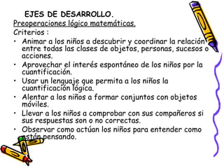 EJES DE DESARROLLO.
Preoperaciones lógico matemáticas.
Criterios :
• Animar a los niños a descubrir y coordinar la relación
  entre todas las clases de objetos, personas, sucesos o
  acciones.
• Aprovechar el interés espontáneo de los niños por la
  cuantificación.
• Usar un lenguaje que permita a los niños la
  cuantificación lógica.
• Alentar a los niños a formar conjuntos con objetos
  móviles.
• Llevar a los niños a comprobar con sus compañeros si
  sus respuestas son o no correctas.
• Observar como actúan los niños para entender como
  están pensando.
 
