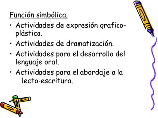Función simbólica.
• Actividades de expresión grafico-
  plástica.
• Actividades de dramatización.
• Actividades para el desarrollo del
  lenguaje oral.
• Actividades para el abordaje a la
    lecto-escritura.
 