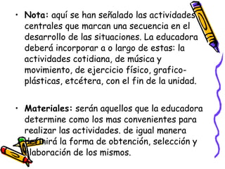 • Nota: aquí se han señalado las actividades
  centrales que marcan una secuencia en el
  desarrollo de las situaciones. La educadora
  deberá incorporar a o largo de estas: la
  actividades cotidiana, de música y
  movimiento, de ejercicio físico, grafico-
  plásticas, etcétera, con el fin de la unidad.


• Materiales: serán aquellos que la educadora
  determine como los mas convenientes para
  realizar las actividades. de igual manera
  definirá la forma de obtención, selección y
  elaboración de los mismos.
 