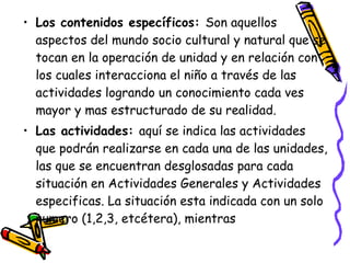 • Los contenidos específicos: Son aquellos
  aspectos del mundo socio cultural y natural que se
  tocan en la operación de unidad y en relación con
  los cuales interacciona el niño a través de las
  actividades logrando un conocimiento cada ves
  mayor y mas estructurado de su realidad.
• Las actividades: aquí se indica las actividades
  que podrán realizarse en cada una de las unidades,
  las que se encuentran desglosadas para cada
  situación en Actividades Generales y Actividades
  especificas. La situación esta indicada con un solo
  numero (1,2,3, etcétera), mientras
 