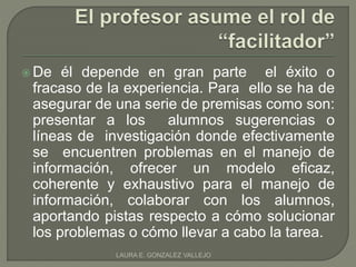 De él depende en gran parte el éxito o 
fracaso de la experiencia. Para ello se ha de 
asegurar de una serie de premisas como son: 
presentar a los alumnos sugerencias o 
líneas de investigación donde efectivamente 
se encuentren problemas en el manejo de 
información, ofrecer un modelo eficaz, 
coherente y exhaustivo para el manejo de 
información, colaborar con los alumnos, 
aportando pistas respecto a cómo solucionar 
los problemas o cómo llevar a cabo la tarea. 
LAURA E. GONZALEZ VALLEJO 
 