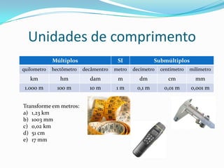 Unidades de comprimentoTransforme em metros:1,23 km1003 mm0,02 km51 cm17 mm