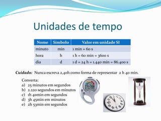 Unidades de tempoCuidado:  Nunca escreva 2,40h como forma de representar  2 h 40 min.Converta:25 minutos em segundos2.220 segundos em minutos1h 40min em segundos 3h 45min em minutos2h 53min em segundos
