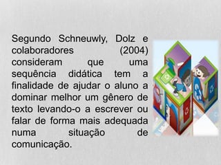 Segundo Schneuwly, Dolz e
colaboradores (2004)
consideram que uma
sequência didática tem a
finalidade de ajudar o aluno a
dominar melhor um gênero de
texto levando-o a escrever ou
falar de forma mais adequada
numa situação de
comunicação.
 