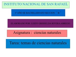 INSTITUTO NACIONAL DE SAN RAFAEL
1º AÑO SE BACHILLER5ATO SECCION ¨B¨
Asignatura : ciencias naturales
Tarea: temas de ciencias naturales
ELABORADO POR: LEIDY GRISSELDA RIVERAABREGO
 