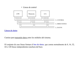 • Líneas de control 
Líneas de datos 
Camino para transmitir datos entre los módulos del sistema. 
El conjunto de esas líneas forman el bus de datos, que consta normalmente de 8, 16, 32, 
64 o 128 líneas independientes (anchura del bus). 
 