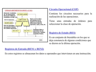 Circuito Operacional (COP) 
Contiene los circuitos necesarios para la 
realización de las operaciones. 
Tiene unas entradas de órdenes para 
seleccionar la clase de operación. 
Registro de Estado (RES) 
Es un conjunto de biestables en los que se 
deja constancia de algunas condiciones que 
se dieron en la última operación. 
Registros de Entrada (REN1 y REN2) 
En estos registros se almacenan los datos u operandos que intervienen en una instrucción. 
 