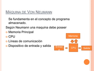 MÁQUINA DE VON NEUMANN
Se fundamenta en el concepto de programa
almacenado.
Según Neumann una maquina debe poseer
 Memoria Principal
 CPU
 Líneas de comunicación
 Dispositivo de entrada y salida
CPU
Memoria
Entrad
a
Salida
 
